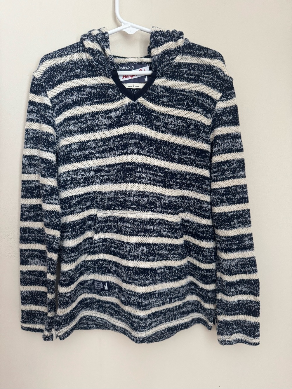 Johnnie-O Boys Navy White Striped Knit Hooded Sweater Pullover Size 7